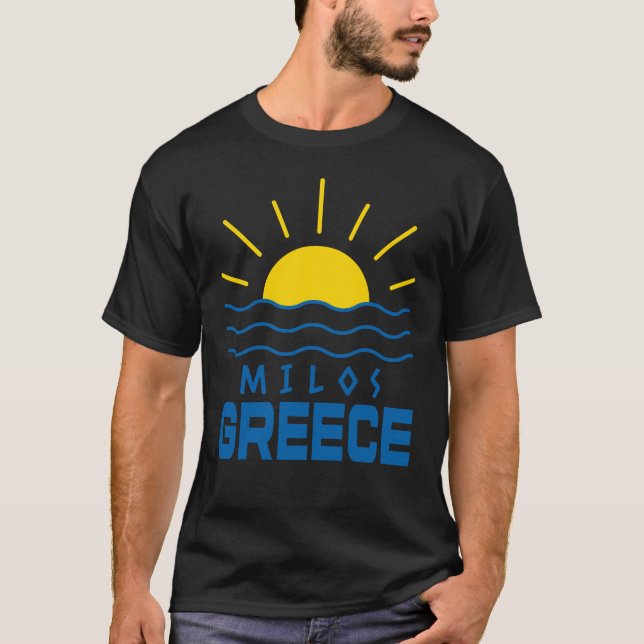Milos Greece Sunshine and Sea Manar Black T Shirt (Framsida)