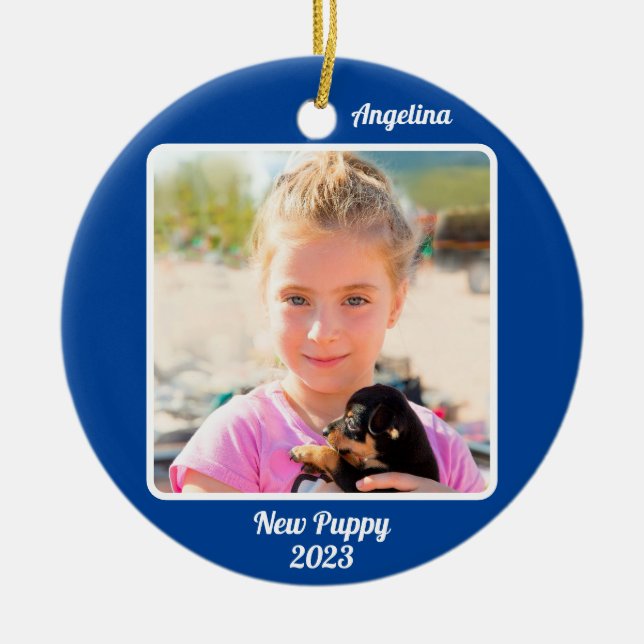 Milstolpar för anpassningsbar 2-foto-2-sidiga blåh julgransprydnad keramik (Framsidan)