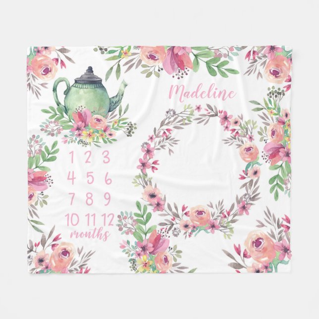 Milstolpe för baby för vattenfärgTeaparty Fleecefilt (Framsidan (Horisontell))