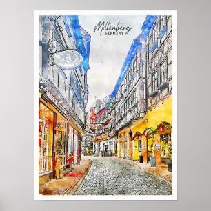 Miltenberg Tyskland vintage resor vattenfärg Poster