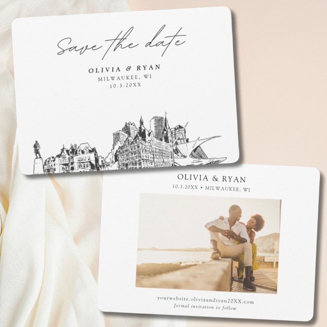 Milwaukee Bröllop Modern Spara datumet Inbjudningar (Milwaukee Wedding Save the Date with Engagement Photo)