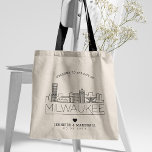 Milwaukee Bröllop | Stylized Skyline Tygkasse<br><div class="desc">En unik väska bröllop för ett bröllop som tar ställe i den vackra staden Milwaukee i Wisconsin. Det här tecknet illustrerar stadens unika skylt med namn under. Detta följs av information om bröllopsdagen i ett matchande öppet,  invändigt stil.</div>