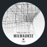 Milwaukee, Minnesota City Karta | Bröllop Välkomme Runt Klistermärke<br><div class="desc">Ett välkommet bröllop-klistermärke med staden Milwaukee,  Minnesota,  och dess unika utformning över karta som är skräddarsydd för Austin,  Texas Kärlek Locator bröllopsinbjudan.</div>