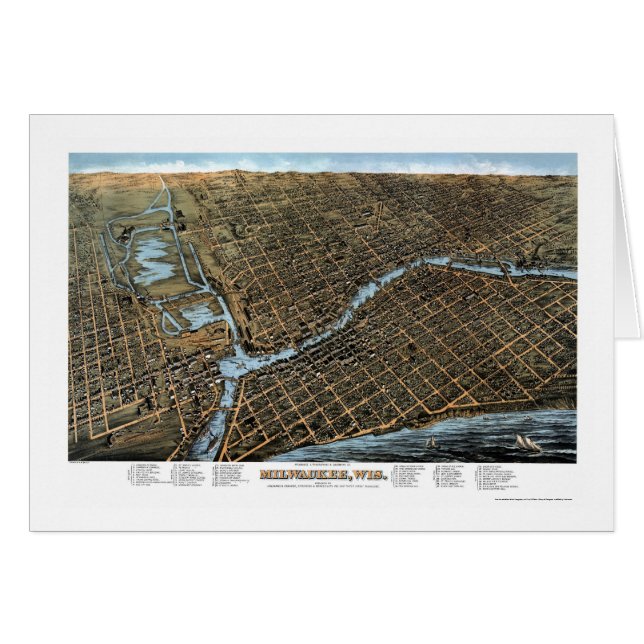 Milwaukee panorama- karta för WI - 1872 Hälsningskort (Framsidan Horizontal)