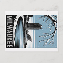 Milwaukee Skyline Black and White Woodcut Winter Vykort
