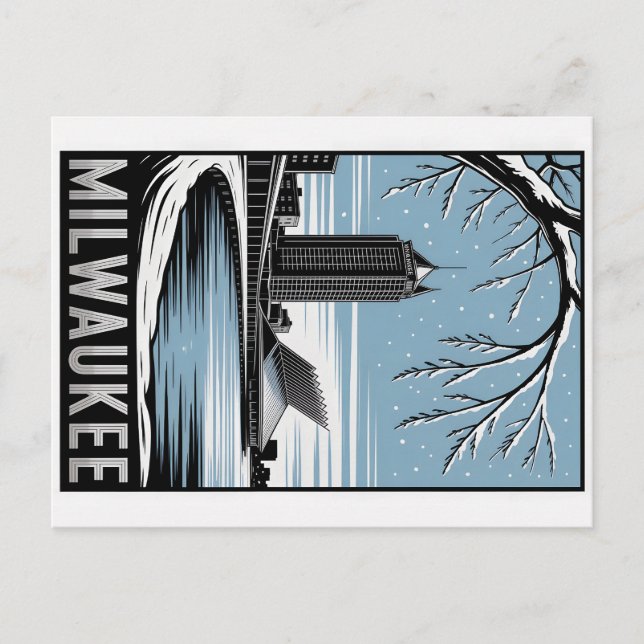 Milwaukee Skyline Black and White Woodcut Winter Vykort (Framsida)