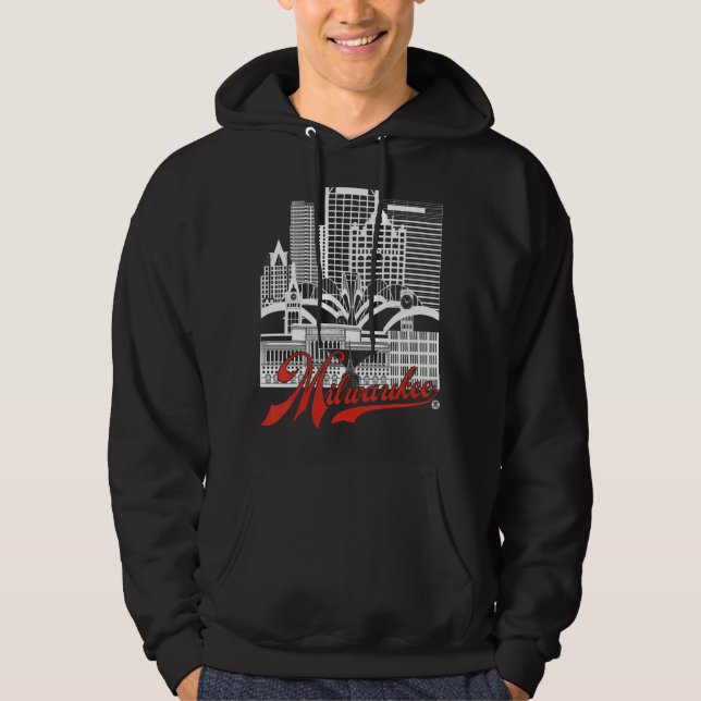 Milwaukee Skyline Squared White+red on Black Hoodie (Framsida)