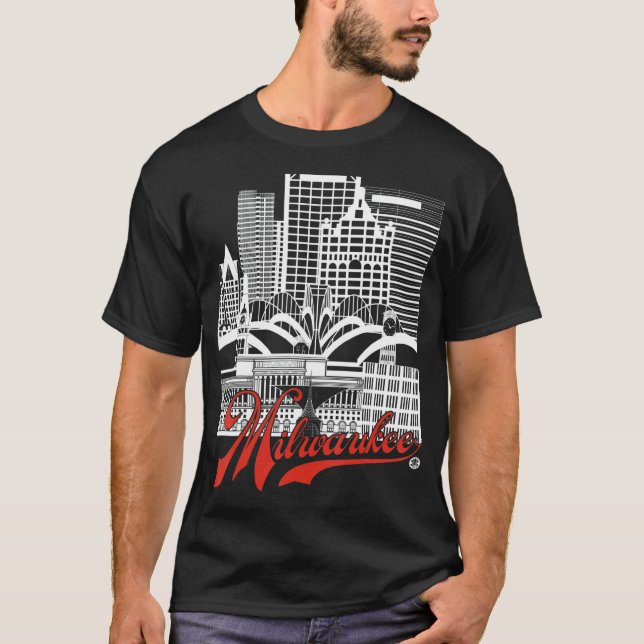 Milwaukee Skyline Squared White+red on Black T Shirt (Framsida)