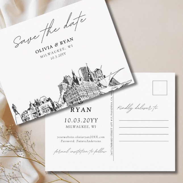 Milwaukee Spara datumkortet Elegant bröllop Vykort (Milwaukee Save the Date Postcard Elegant Wedding
)