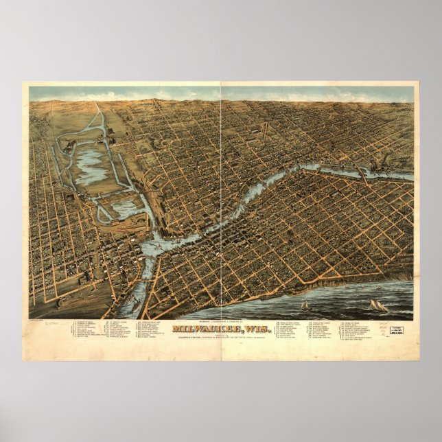 Milwaukee WI 1872 Antique Panoramic Karta Poster (Framsidan)