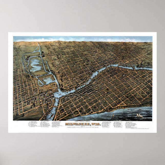 Milwaukee, WI Panoramic Karta - 1872 Poster (Framsidan)