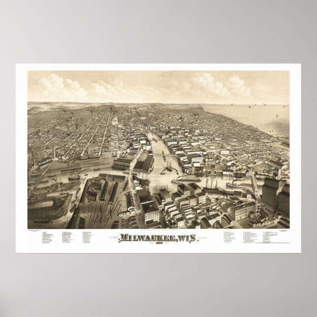 Milwaukee, WI Panoramic Karta - 1879 Poster (Framsidan)