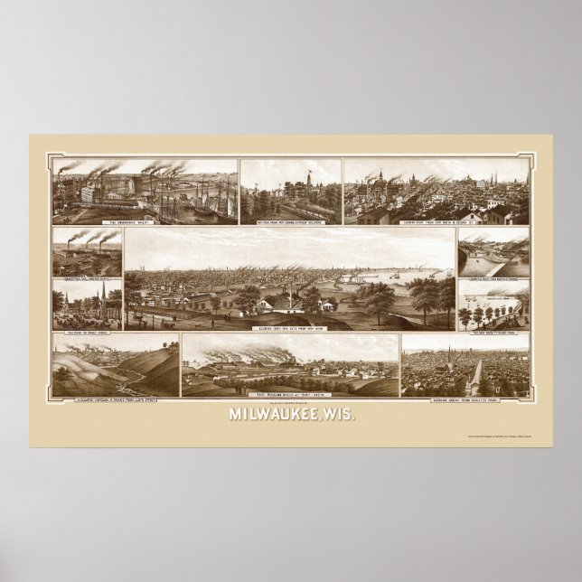 Milwaukee, WI Panoramic Karta - 1882 Poster (Framsidan)