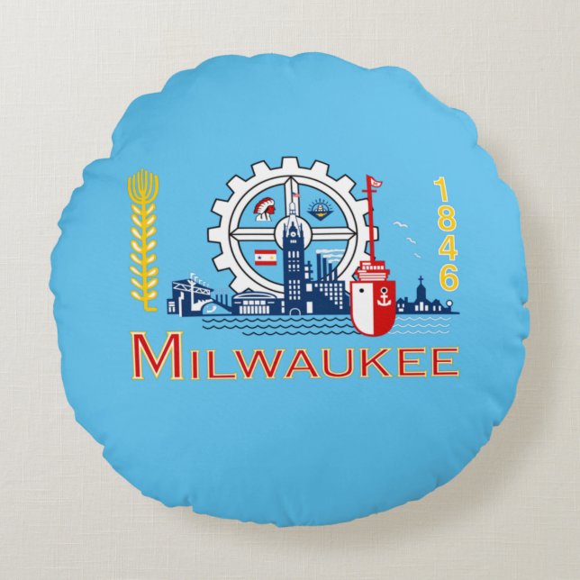 Milwaukee (Wisconsin) City flagga Rund Kudde (Framsidan)