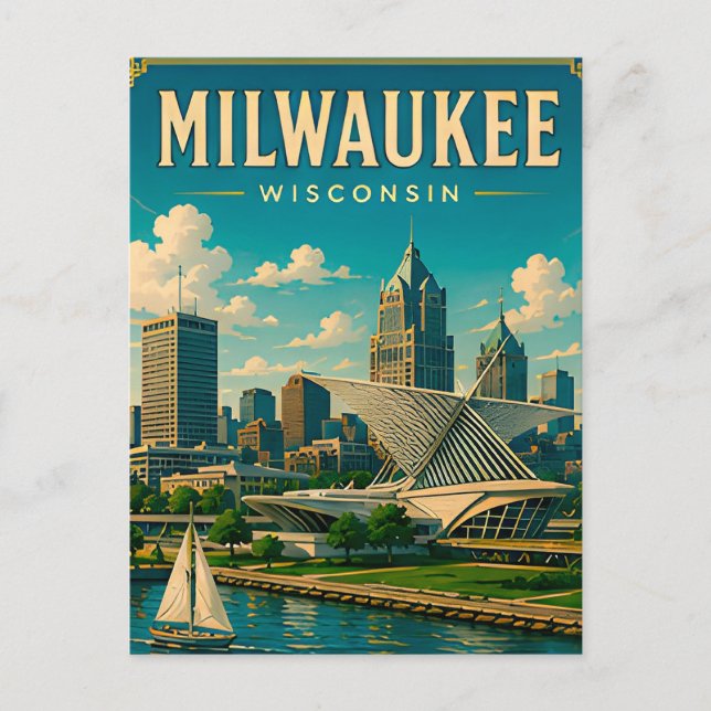 ⛵ Milwaukee Wisconsin sjöfrontsutsikt Vykort (Framsida)