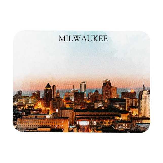 Milwaukee Wisconsin Skyline by Night Artwork Magnet (Horisontell)