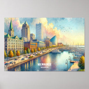 Milwaukee Wisconsin Travel Ställe, vattenfärg Poster