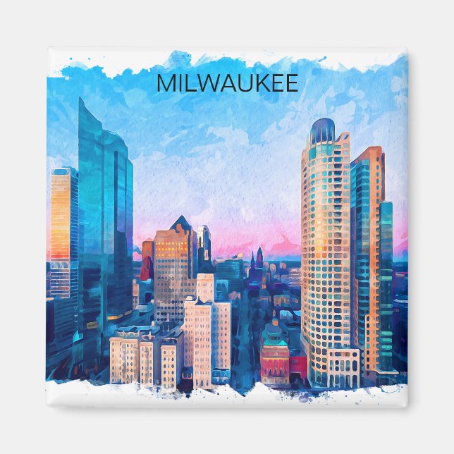 Milwaukee Wisconsin Watercolor Cityscape Travel Magnet (Framsidan)