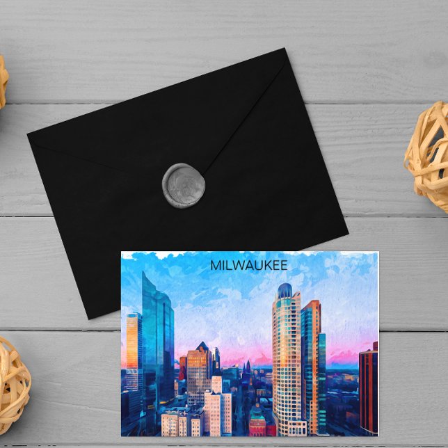 Milwaukee Wisconsin Watercolor Cityscape Travel Vykort (milwaukee travel postcard)