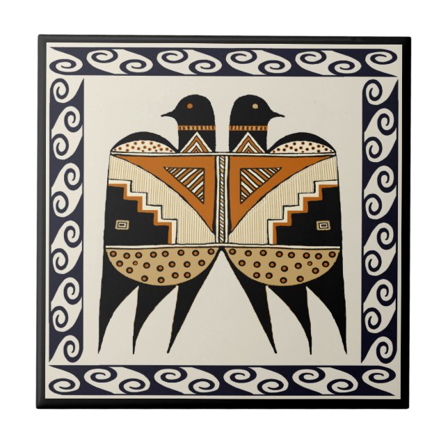Mimbres Indian Twin Quail Birds Tile Kakelplatta (Framsidan)