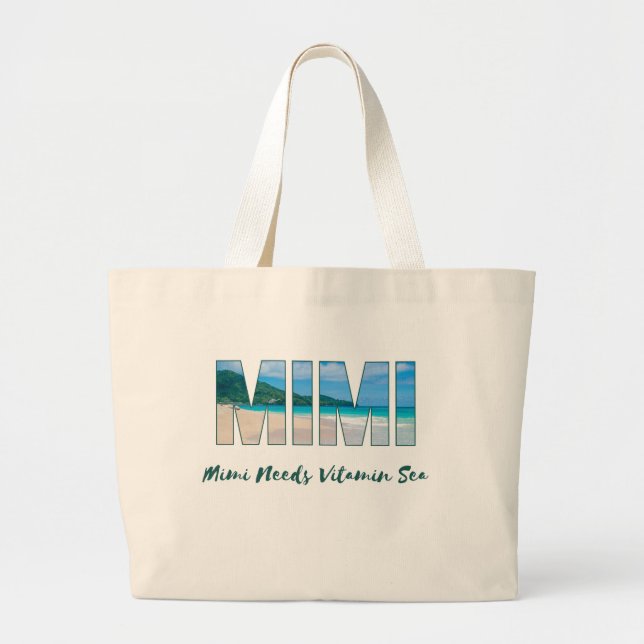 ’Mimi Needs Vitamin Sea’ Beach-Thated Tote Bag Jumbo Tygkasse (Framsidan)