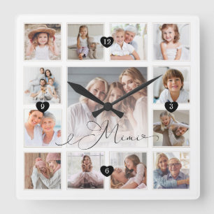 Mimi Script-familjens minne Foto Grid Collage Fyrkantig Klocka