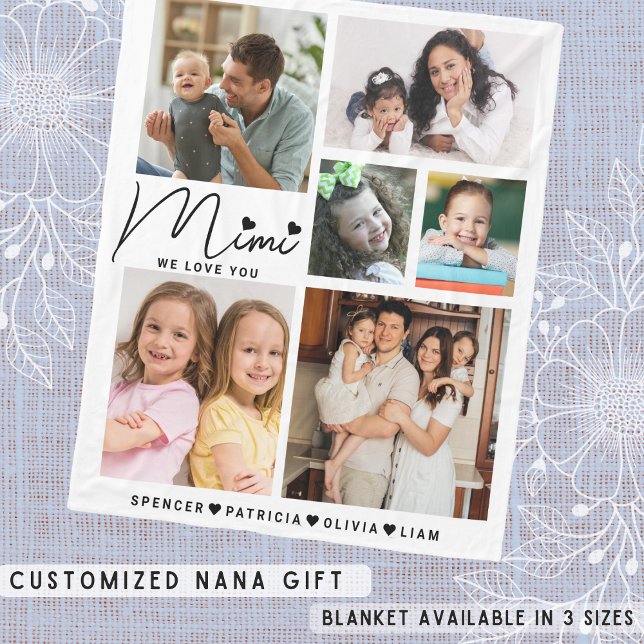 Mimi We Kärlek You Barnbarn Namn Photo Collage Fleecefilt (Mimi We Love You Grandkids Names Photo Collage Fleece Blanket)