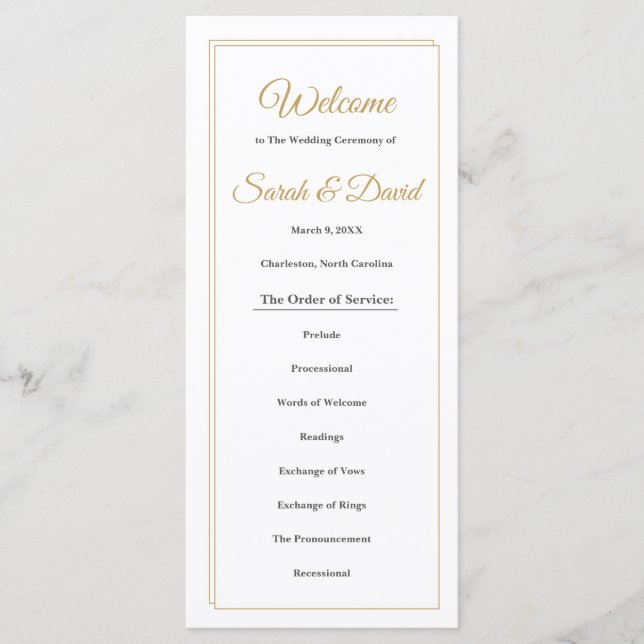 Mimimalist Gold Border Wedding Program (Framsida)