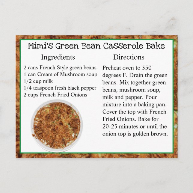 Mimis Grönt Bean Casserole Bake Recipe Card Vykort (Framsida)