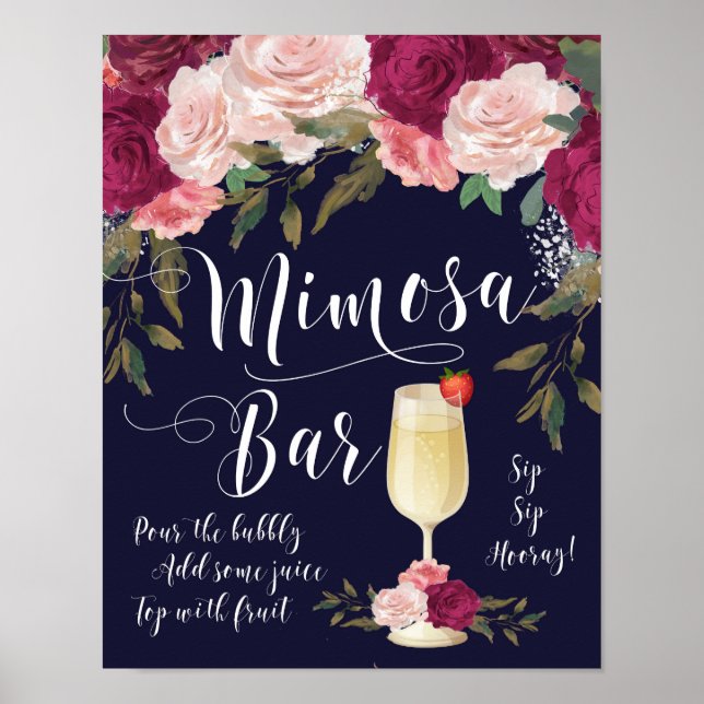 Mimosa Bar Bröllopsskylt Navy Burgundy blommor Poster (Framsidan)