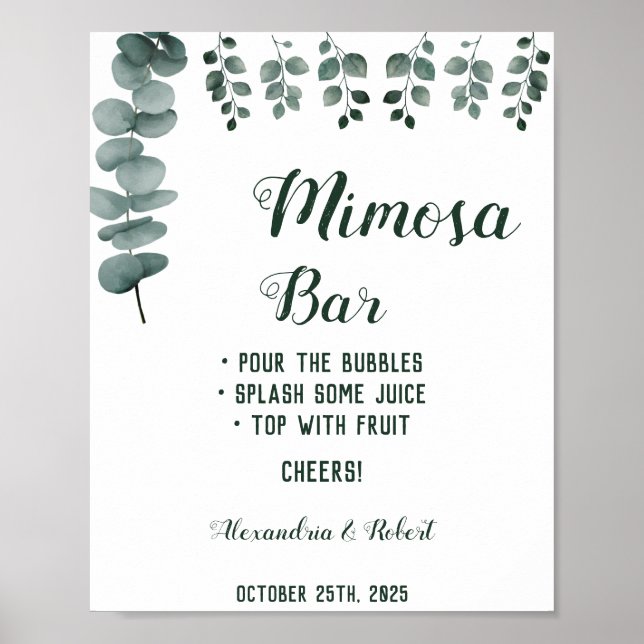 Mimosa Bar Grönska Eukalyptus Bröllopsskylt Poster (Framsidan)