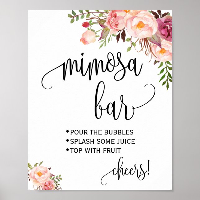 Mimosa bar skylt bröllopsfest rosa blommig (Framsidan)
