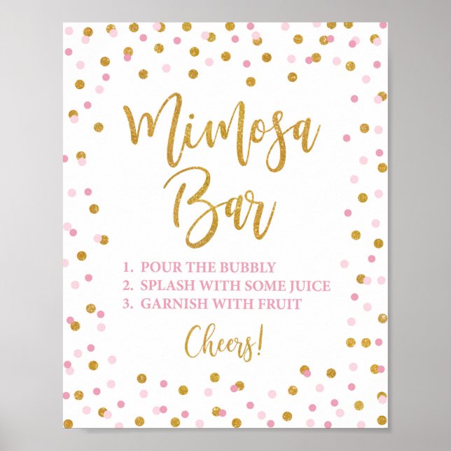 Mimosa Bar skylt rosa & guld glitterkonfetti (Framsidan)