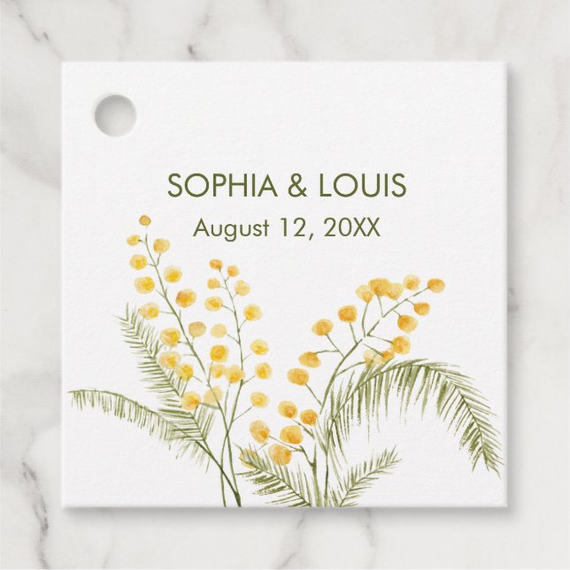 Mimosa-blommor romantisk bröllop gåvor etiketter (Framsida)