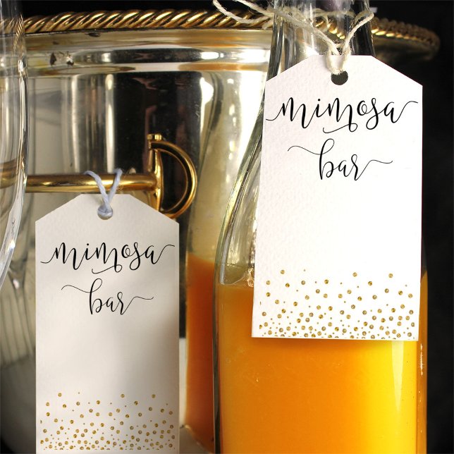 Mimosa flaska märkre med guld bubblande bubblor presentetikett (Skapare uppladdad)