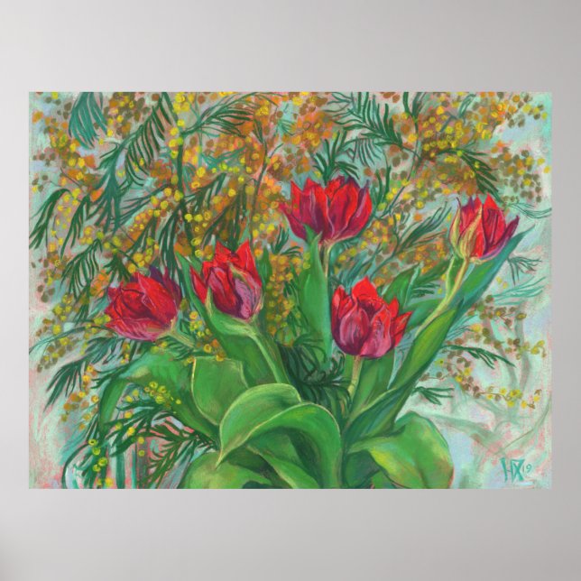 Mimosa och Tulips, Vår blommor, Blommigt Poster (Framsidan)