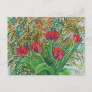 Mimosa och Tulips, Vår blommor, Blommigt Vykort