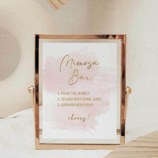 Mimosa Pub Shower Sign Watercolor  & Guld Poster (Mimosa Bar Shower Sign Instructions, Watercolor Blush & Gold)