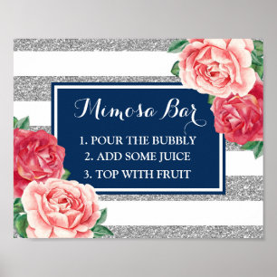 Mimosa Pub Sign Navy Silver Rand Rosa Blommigt Poster