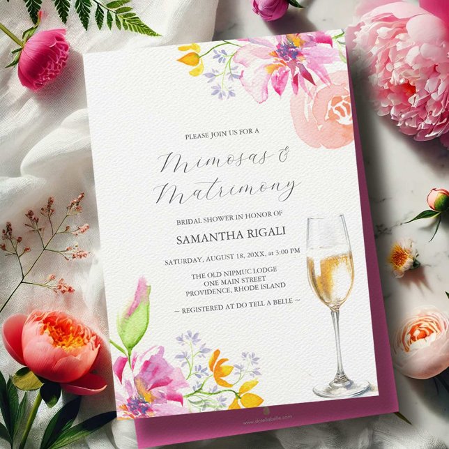 Mimosas & Matrimony Inbjudningskort för möhippa (mimosas and matrimony bridal shower invitations watercolor flowers art by Victoria Grigaliunas)