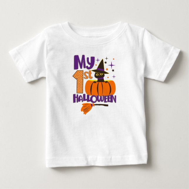 Min 1:a Halloween-Baby Cute Black Cat Witch Pumpki T Shirt (Framsida)