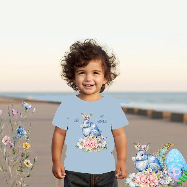 Min 1:a påskblomsterkrans Blå kanin Rosa blom T Shirt (My 1st Easter Floral Wreath Blue Rabbit Pink Bloom Toddler T-shirt)