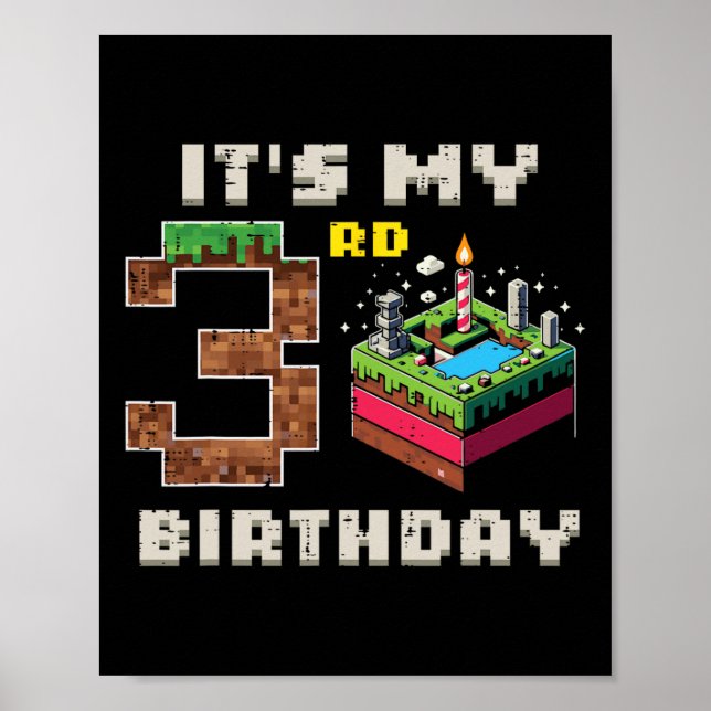 Min 3-årsdag Pixelspel 3 Tårta Videospel Pojkar Poster (Framsidan)