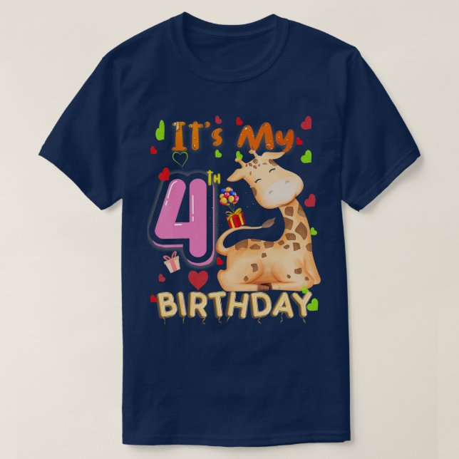 Min 4e födelsedagen Giraffe 4-åring för flickbarn T Shirt (Design framsida)