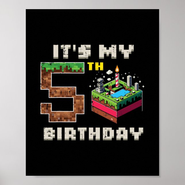 Min 5-årsdag Pixelspel 5 Tårta Videospelare Pojkar Poster (Framsidan)