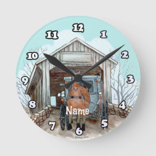 Min Amish täckte Bridge Rund Klocka