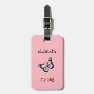Min Bag Cute Rosa med Butterfly och Girl's Namn Bagagebricka