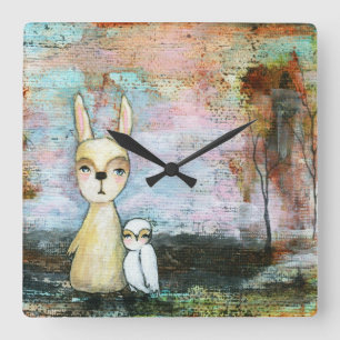 Min bästa vän Whimsical Rabbit Uggla Woodland Art Fyrkantig Klocka