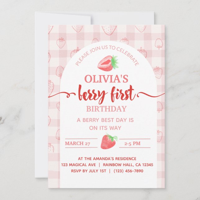 Min Berry First Birthday jordgubbsfrukt Inbjudningar (Framsida)
