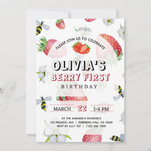 Min Berry First Birthday Strawberry Birthday Inbjudningar